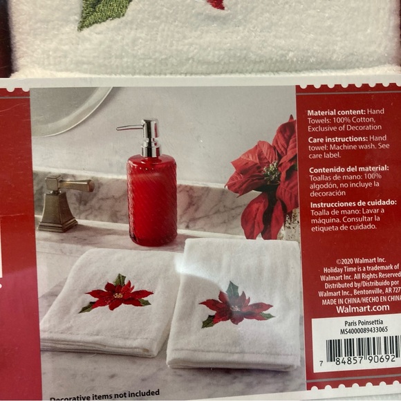 NEW HOLIDAY BATHROOM TOWELS RED GLASS SOAP DISPENSER POINSETTIAS IN BOX - Picture 5 of 6
